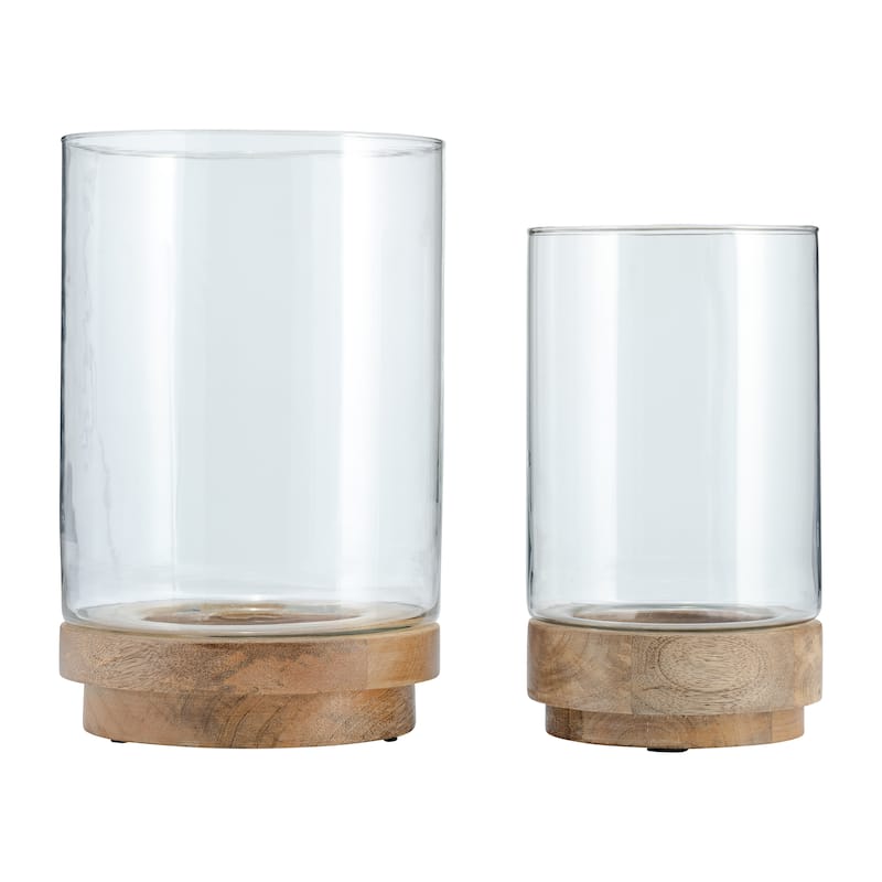 Glass and Wood Candle Stands for Pillar Candles - Set of 2, 9" & 11" Natural
