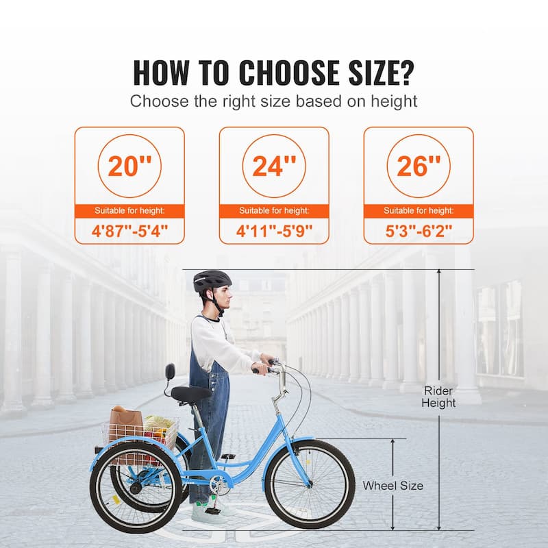 Blue Carbon Steel Adult Tricycle with Large Basket and Adjustable Height - 68.5” L x 29.9” W x 44.9” H