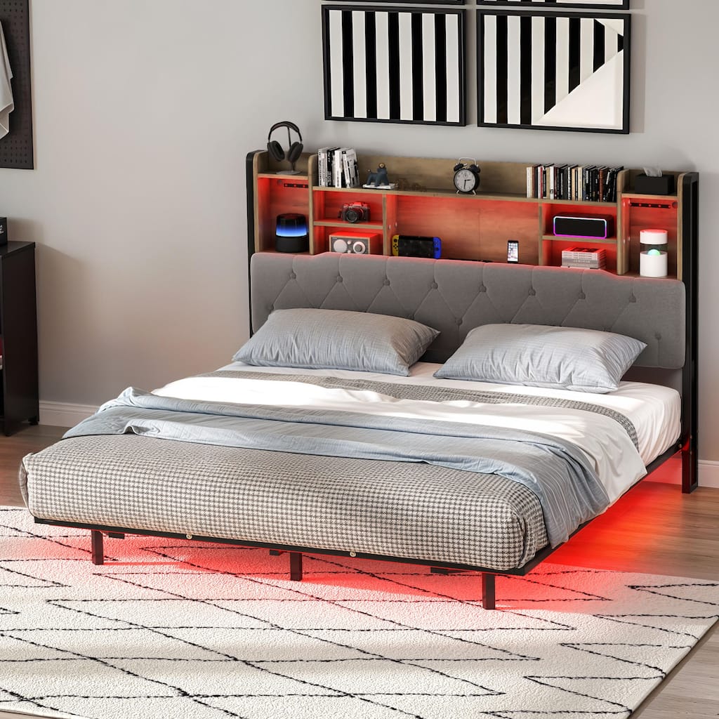 Moasis Floating Bed Frame Upholstered Platform Bed with RGB LED Lights Headboard Storage and Charging Station
