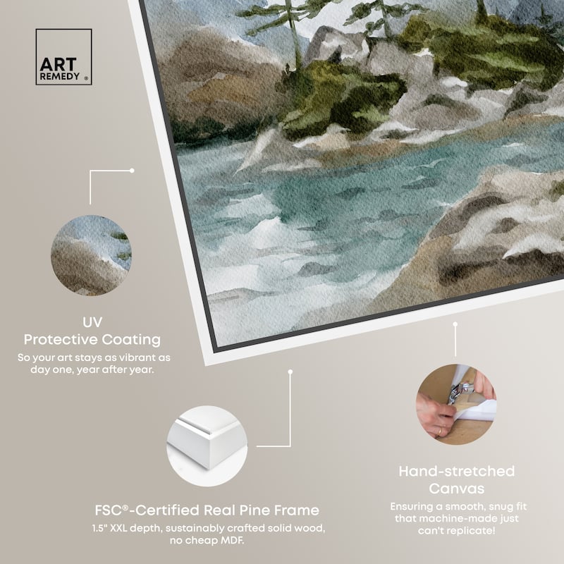 Art Remedy Cold Winter Lake Framed Landscape 1 Piece Canvas Wall Art Watercolor Style