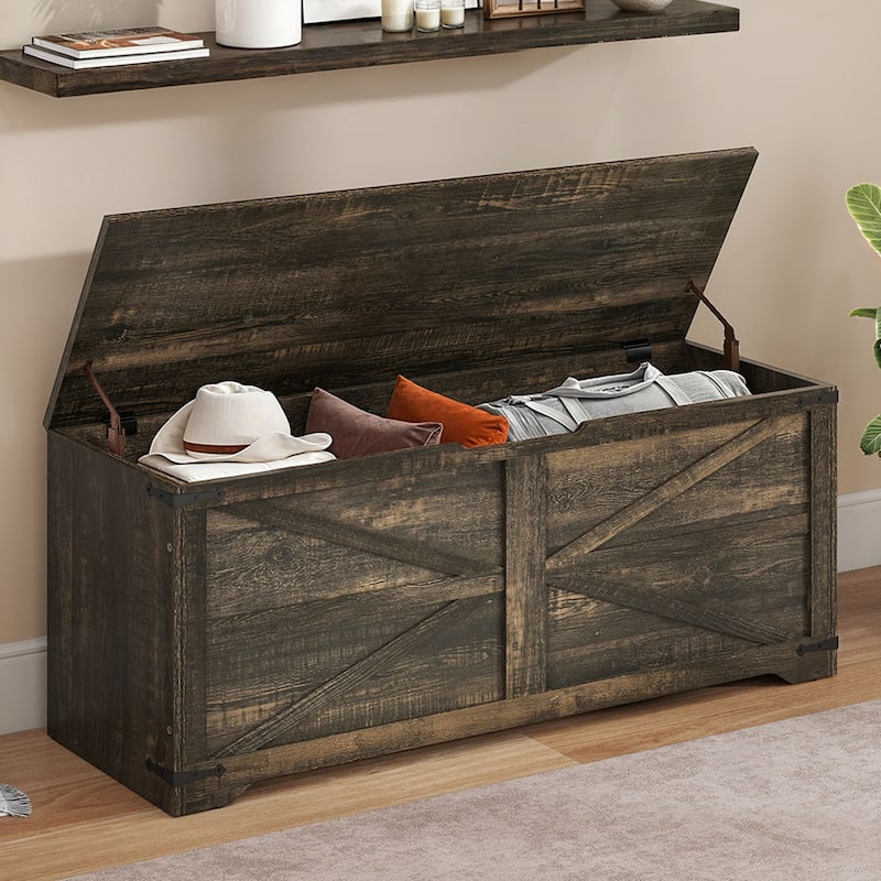 47" Storage Bench Farmhouse Storage Chest with 2 Safety Hinges for Entryway, Bedroom, Living Room - Black Oak