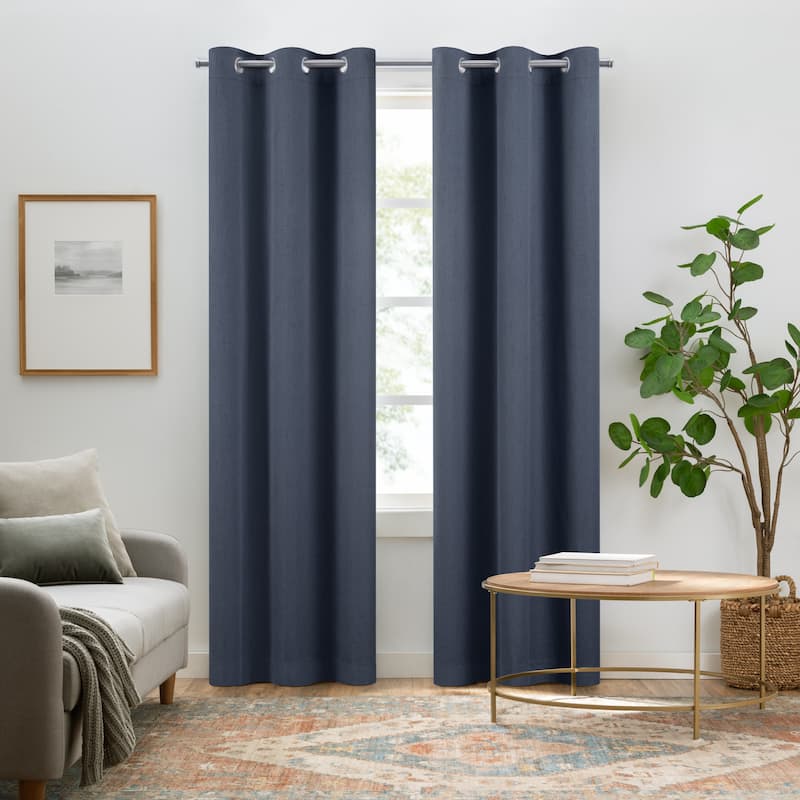 Eclipse Pembroke 100% Blackout Curtains, Faux Linen Grommet Window Curtains (2 Panels) - 95x42 - Indigo