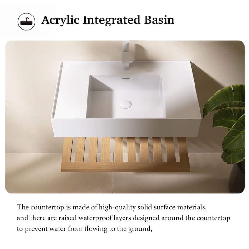 Wall-Mounted Bathroom Vanity in Natural Wood with White Integrated Acrylic Sink