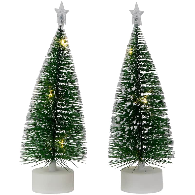 Set of 2 LED Pre-Lit Mini Bottle Brush Pine Christmas Village Trees - 7"