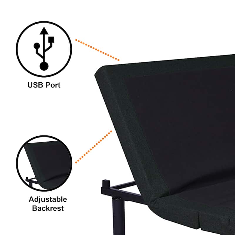 Wizzin Contemporary Meatl Adjustable Bed Frame with 5 Positions, USB Ports and LED Light