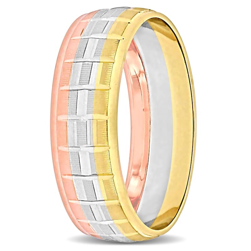 Miadora 6 mm Mens Textured Wedding Band in 3-Tone 10k Yellow White and Rose Gold