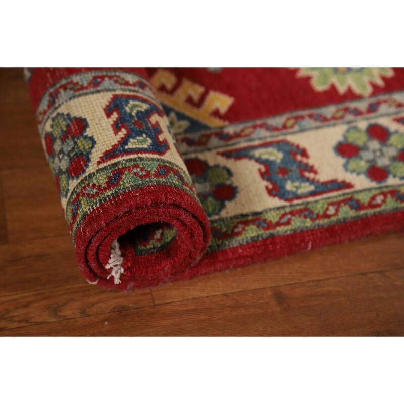 Red Geometric Kazak Foyer Rug Handmade Wool Carpet - 2'9"x 3'9"