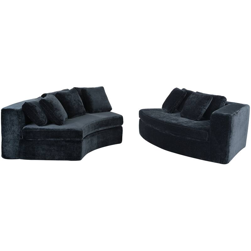 Jacquard Curved Sectional Sofa 2-Piece Modular Couches Set Chenille Upholstered Chaise Lounger with Pillows for Living Room