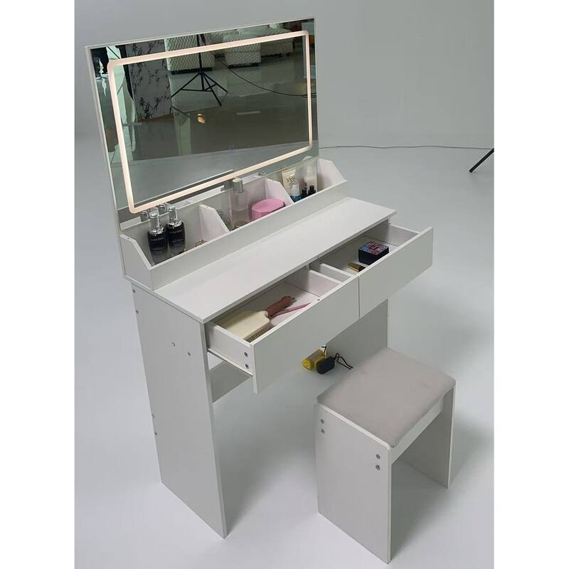 31" x 20" Extra Large LED Mirror Makeup Vanity Table with Stool, Touch Control, Adjustable Brightness & Storage