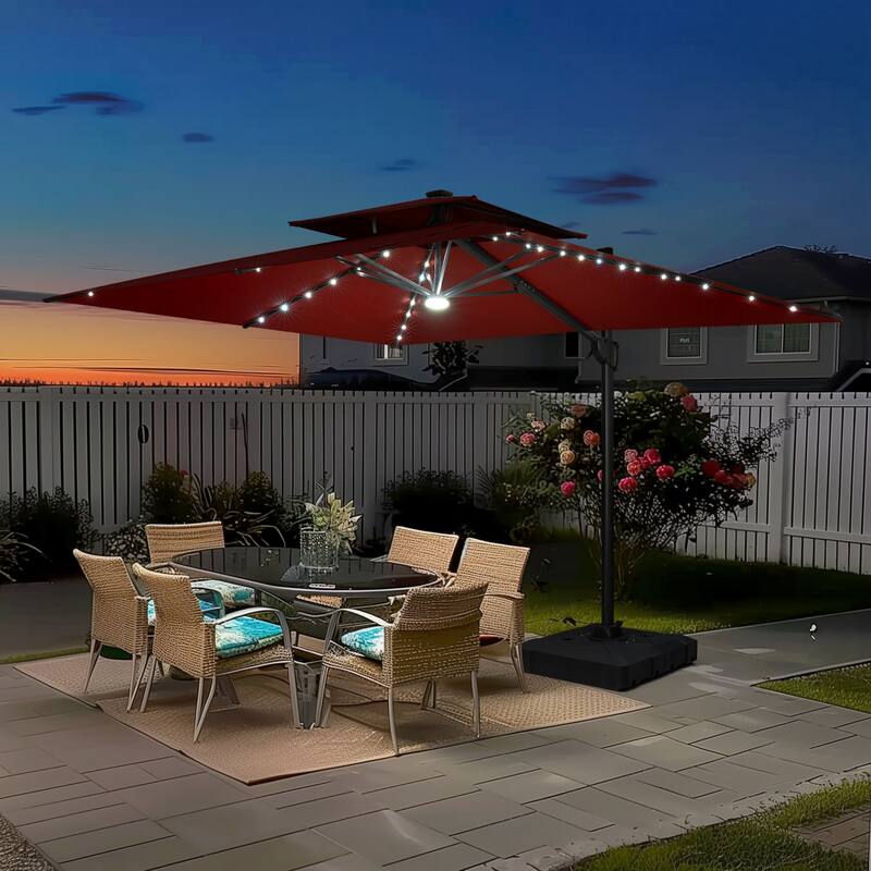 9 x 11 FT Outdoor Double Top LED Lighted Patio Cantilever Umbrella with Base Stand