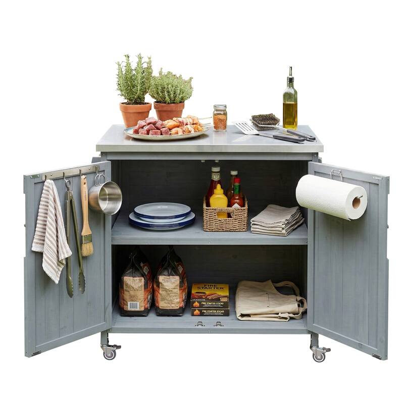 42.1" Outdoor Kitchen Island with Side Shelf, with Storage Cabinet, Outdoor Kitchen Cabinet, Adjustable Shelf and 4 Wheels