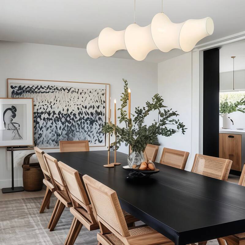 Modern 1-Light LED White Linear Island Chandelier Sculptural Silk Shade - White & Gold - W43.3"*D11.4"*H12.6"