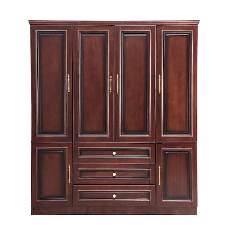100% Solid Wood Armoire Wardrobe Closet with 4 Door, 70.87"H Armoire Closet Cabinet with 3 Drawers & 2 Hanging Rods for Bedroom