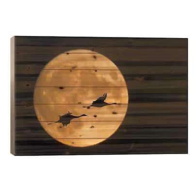 Flying Sandhill Crane Couple With A Full Moon, Bosque del Apache National Wildlife Refuge, NM, USA Print On Wood by Ellen Anon