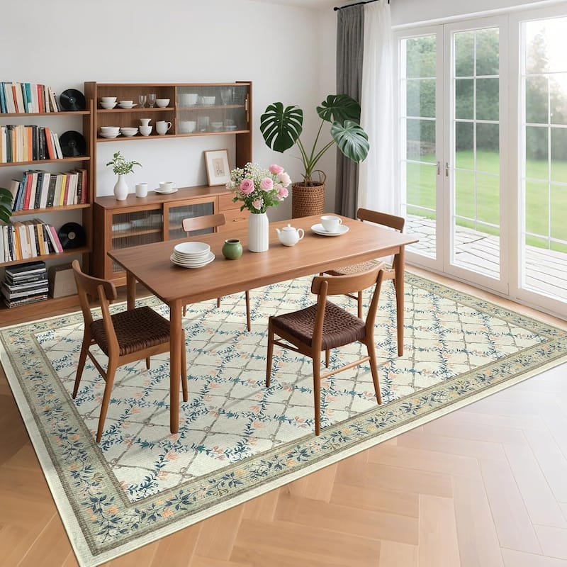 Floral Neutral Washable Hallway Low Pile Area Rug for Bedroom, Living Room, Sage Green - 2' x 3' - Green 8*10ft