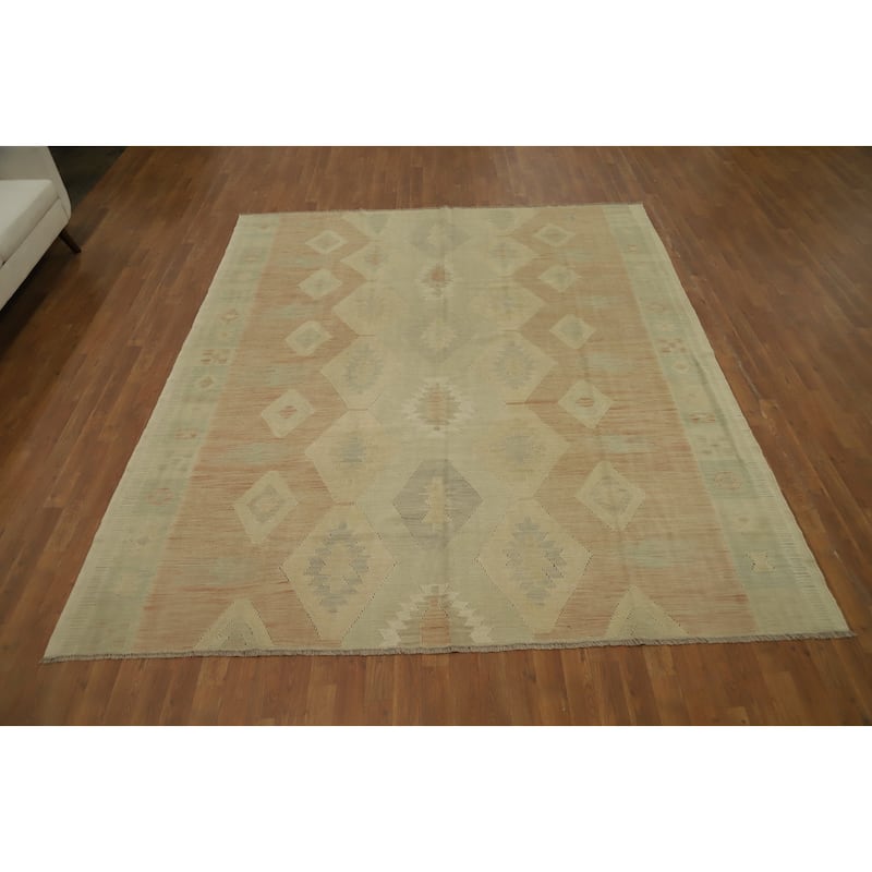 Hand Woven Oriental 100% Wool Carpet Southwestern Tribal Beige & Ivories Kilim Area Rug - 9' 7'' X 8' 1''