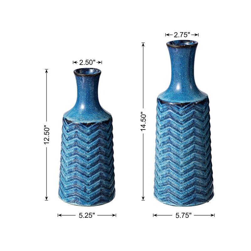 Glitzhome Set of 2 Brilliant Blue Ceramic Table Decorative Vases with Chevron Pattern