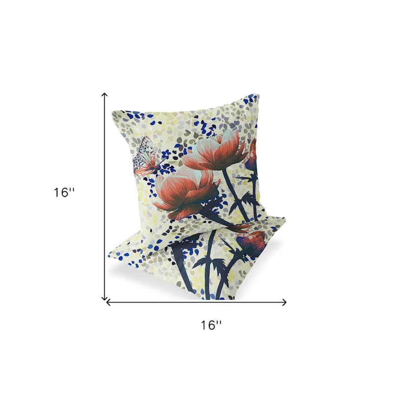 HomeRoots Set of Two 16" X 16" Green and Yellow Butterfly Blown Seam Floral Indoor Outdoor Throw Pillow