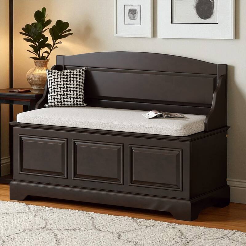 Retro Wooden Shoe Storage Bench with Linen Cushion, Safe Soft-Close Lift Top & Hidden Compartments for Entryway or Hallway - Espresso