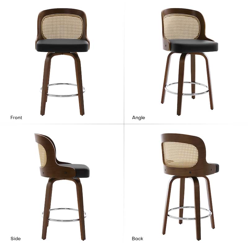 26" Upholstered Swivel Counter & Bar Stool with Rattan Back - 37.4"H x 19.09"W x 19.88"D