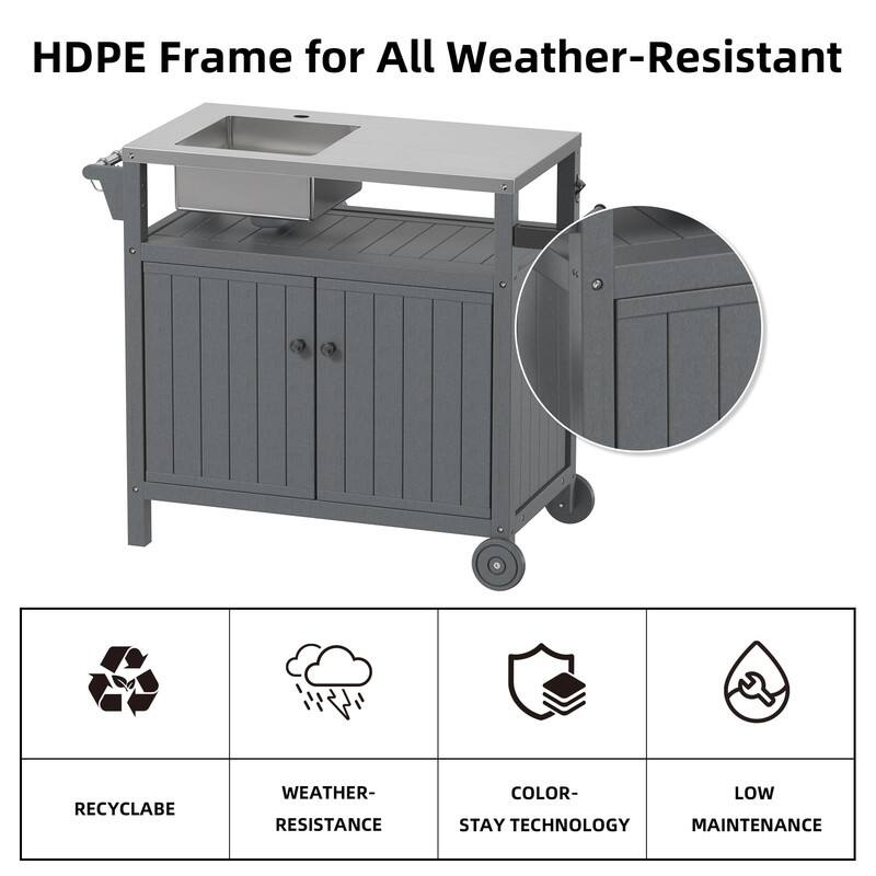 HDPE Outdoor Grill Cart with Sink,Cabinet and Cover, 42 inch Freestanding Modular Kitchen Sink Station in 304 Stainless Steel