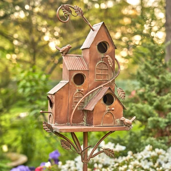 slide 2 of 7, Four Home Bungalow Copper Birdhouse Stake - 13.25" L x 7" W x 73.75" H Brown