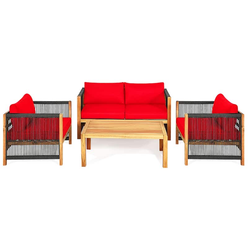 4PCS Patio Furniture Set with Coffee Table for Indoor and Outdoor - Teak+Red