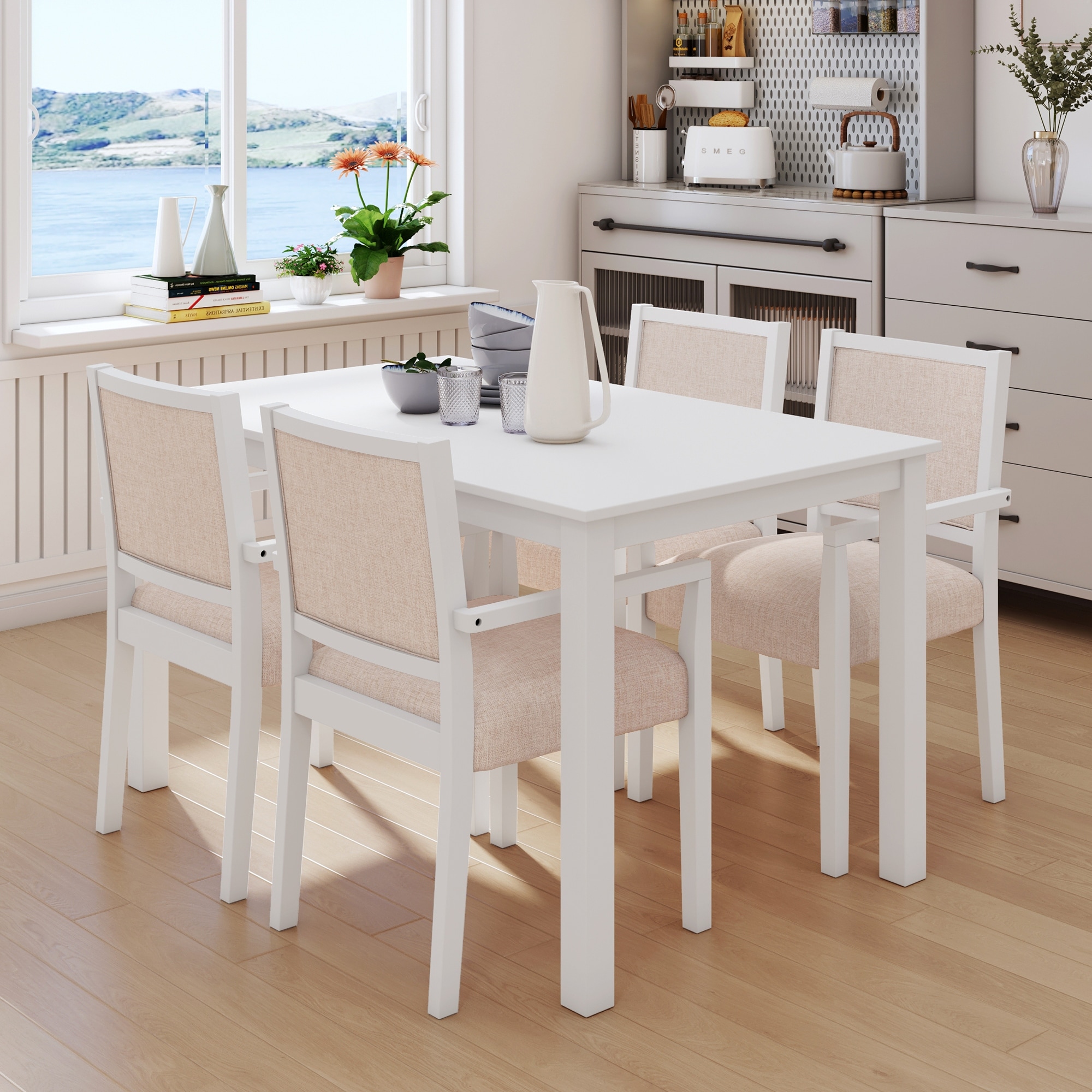 Dining Table Set with 4 Square Arms Dining Chairs for Restaurant Studio