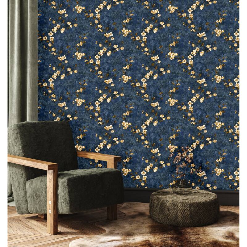 Blue Gold Botanical, Sakura Gold Leaves, Seamless Weave Japanese Mural Wallpaper - Double Roll