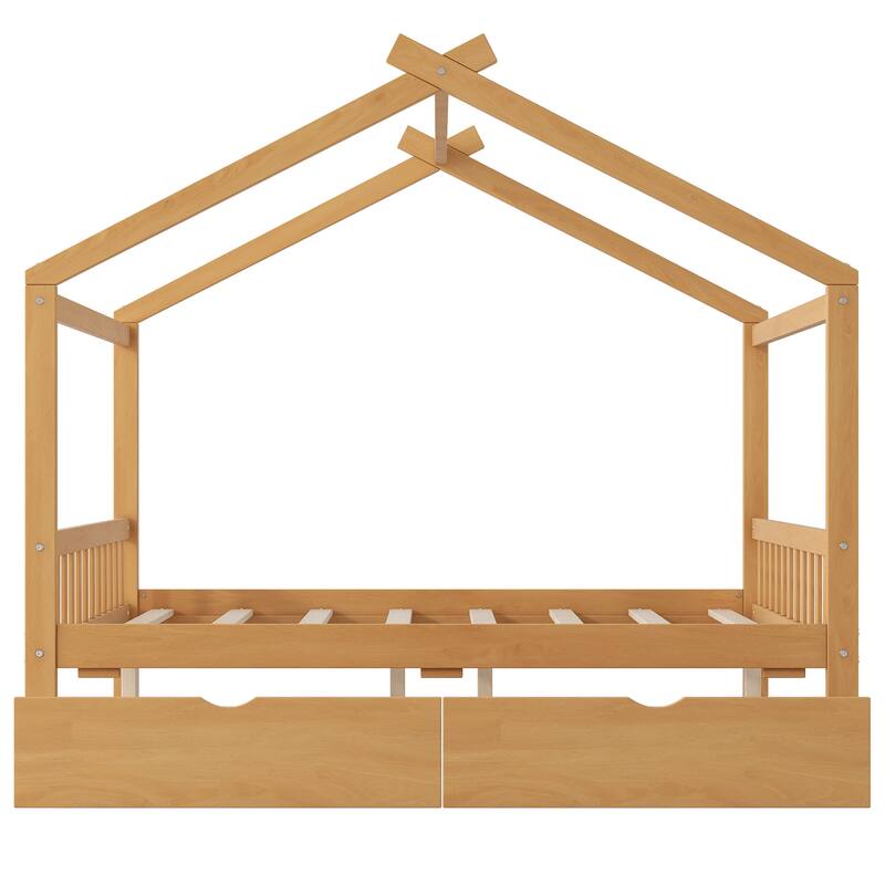 Roomfitters Full Size House Platform Bed with Drawers and Roof Frame, Wood Bed with Headboard and Footboard, Natural