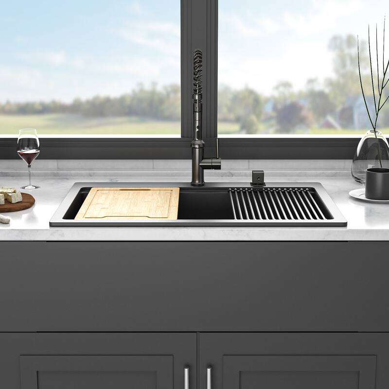 Granite Composite Workstation Drop-in Kitchen Sink - Black