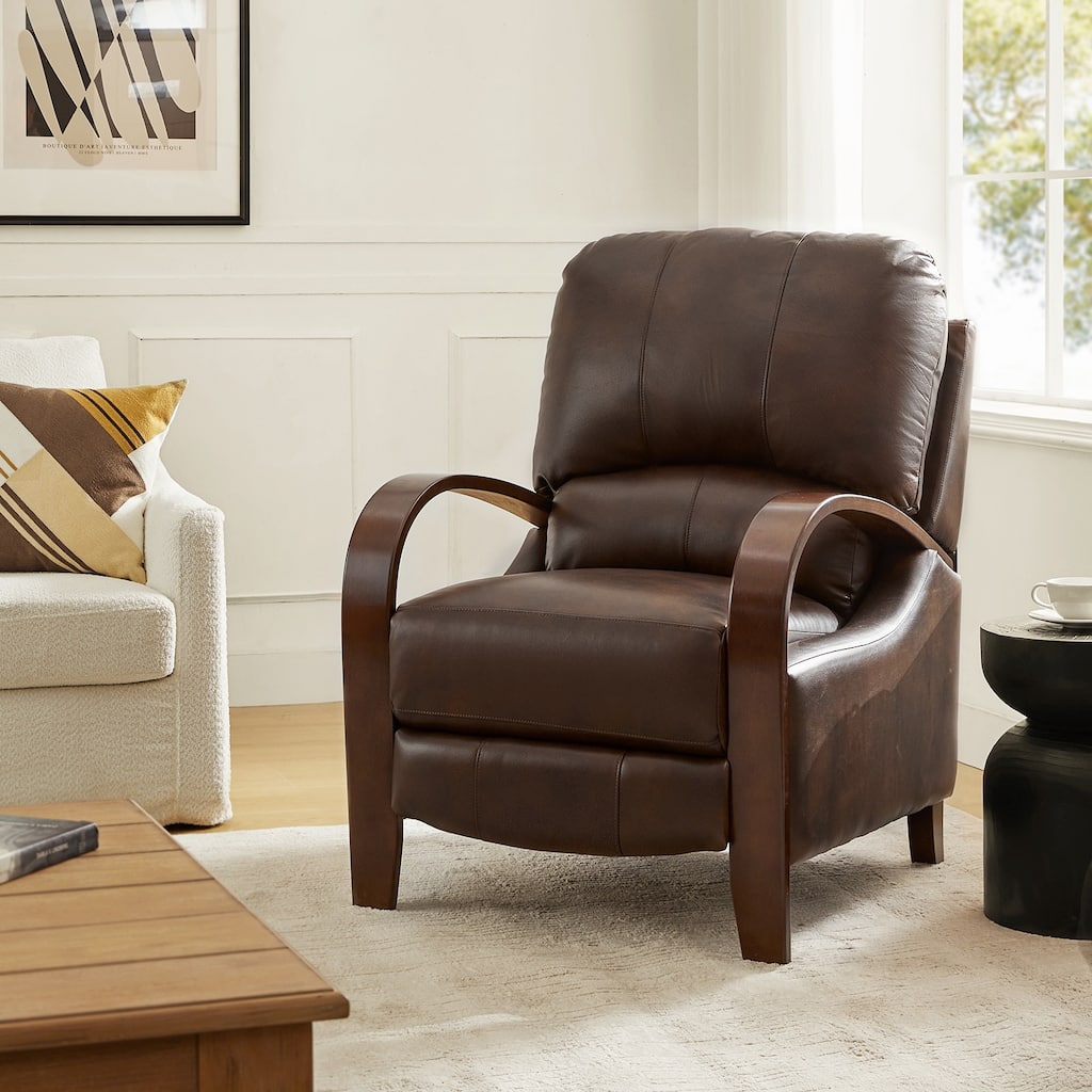 Alex Mid-century Modern Genuine Leather Manual Recliner with Wooden Curved Arms