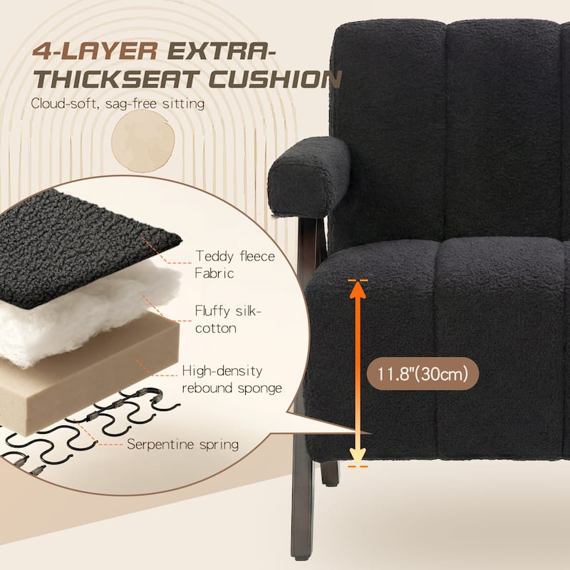 Mid Century Modern Accent Chair, Solid Wood Upholstered Armchair with Wide Backrest and Thick Cushion