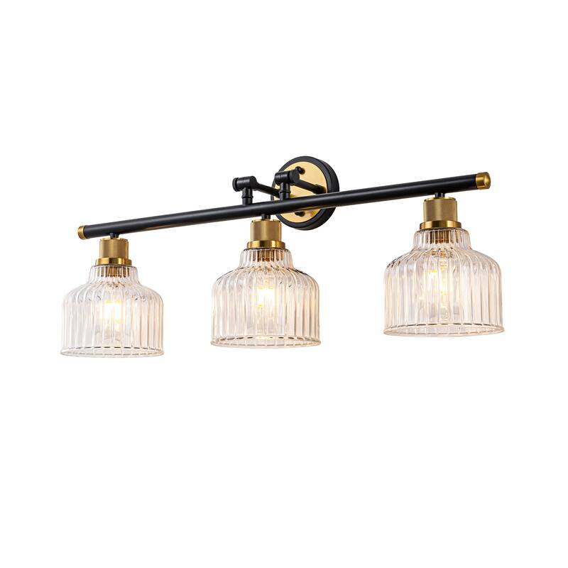 3-Light Modern Black and Gold Dimmable Bathroom Light Fixtures with Textured Glass Shade