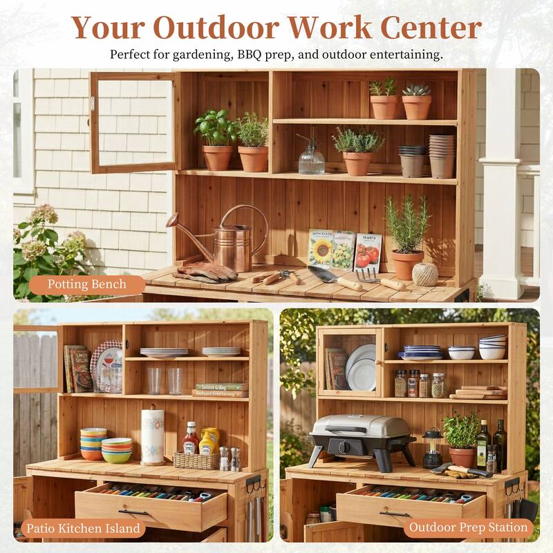 Roomfitters 65" Garden Potting Bench with Storage Hutch, Outdoor Potting Table & Prep Station, Drawer, Cabinet, Shelves