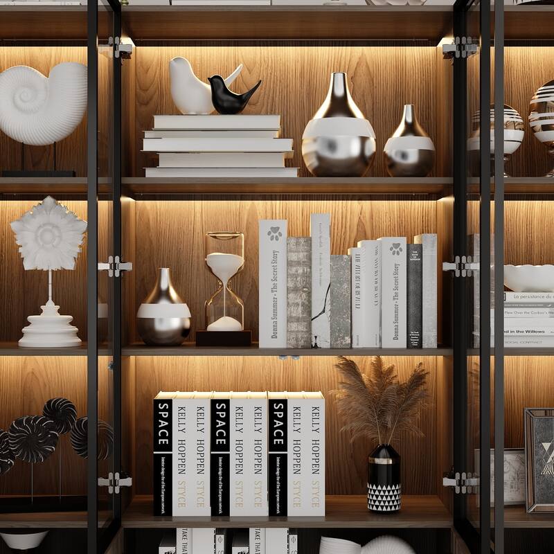 LED-Lit Wood Grain Cabinet - Configurable Storage for Home or Office