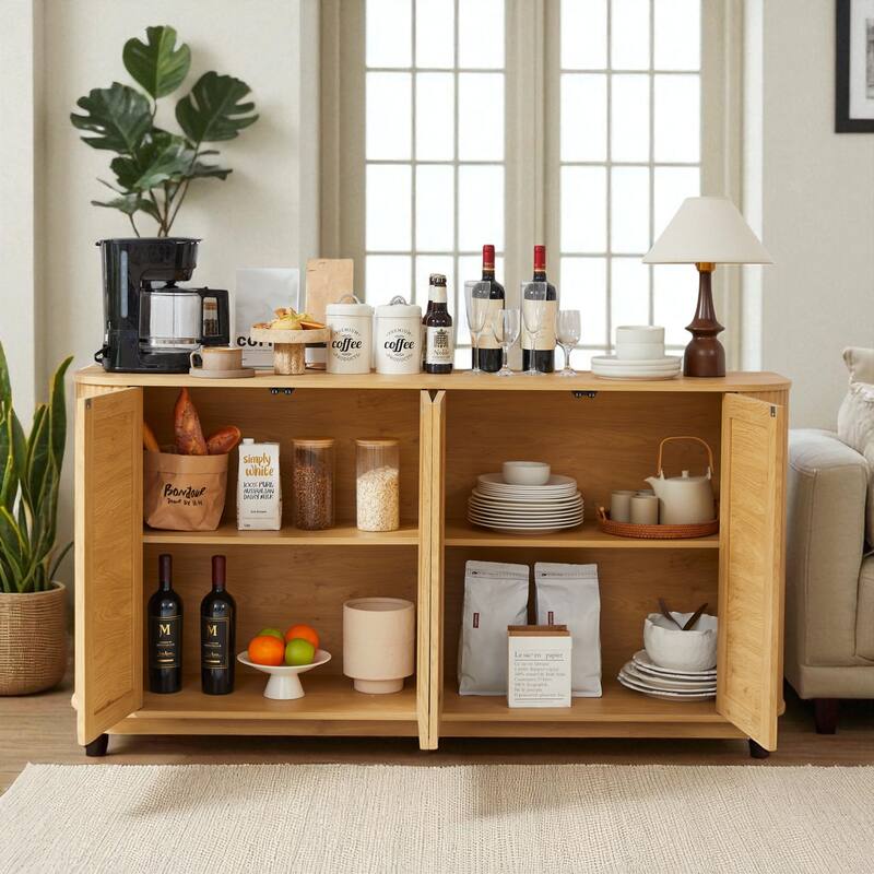 64" Wave Shape TV Stand with Rattan Doors, Modern Sideboard Buffet Storage Cabinet, Natural Wood Console for Entryway