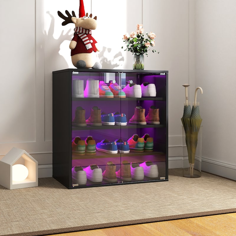 Entryway Shoe Cabinet with Doors, Adjustable Shelves, 4 Tier Shoe Storage Cabinet 12 Pair Wood Shoe Shelves for Hallway