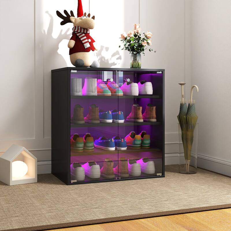 Roomfitters 4-Tier Shoe Display Cabinet, Stackable Wooden Shoe Storage Box with Glass Door and RGB LED Light - Black