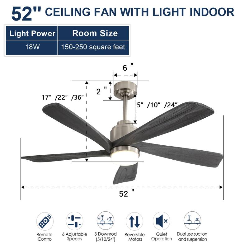 52 Inch Indoor Ceiling Fan with Light & Smart APP Control, 5 Solid Wood Blades Reversible DC Motor Ceiling Fan Chandelier