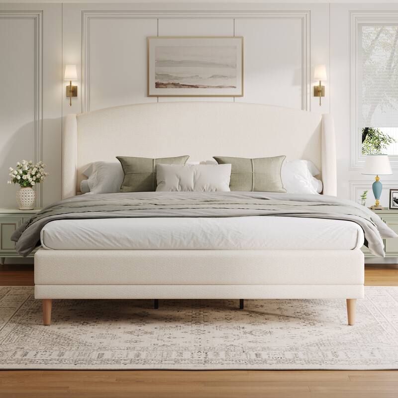 White Upholstered Bed Rounded Corners Headboard Boucle Fabric Wingback Bed with Wood Slat and Metal Support Frame, Platform Bed