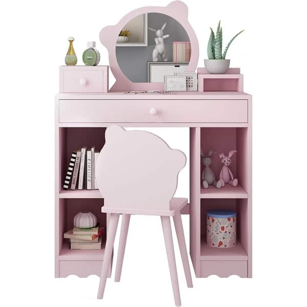 slide 2 of 7, Kids Play Vanity Set w/Mirror & Stool Pink