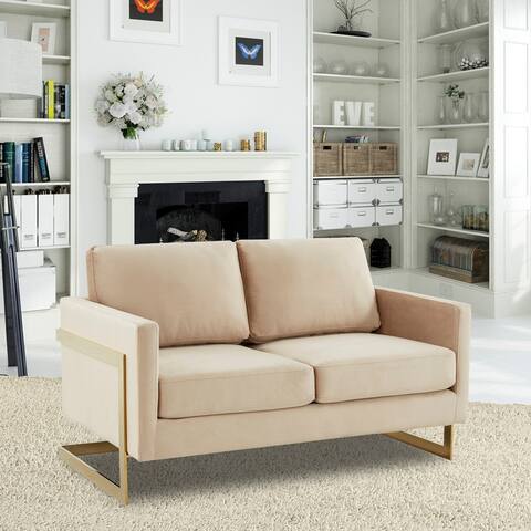 LeisureMod Lincoln Modern Upholstered Velvet Loveseat with Gold Frame