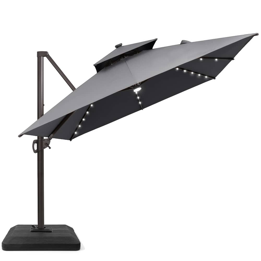 9x11 FT Daul Top Aluminum Outdoor Patio Cantilever Umbrella Solar LED Lighted with Weight Base