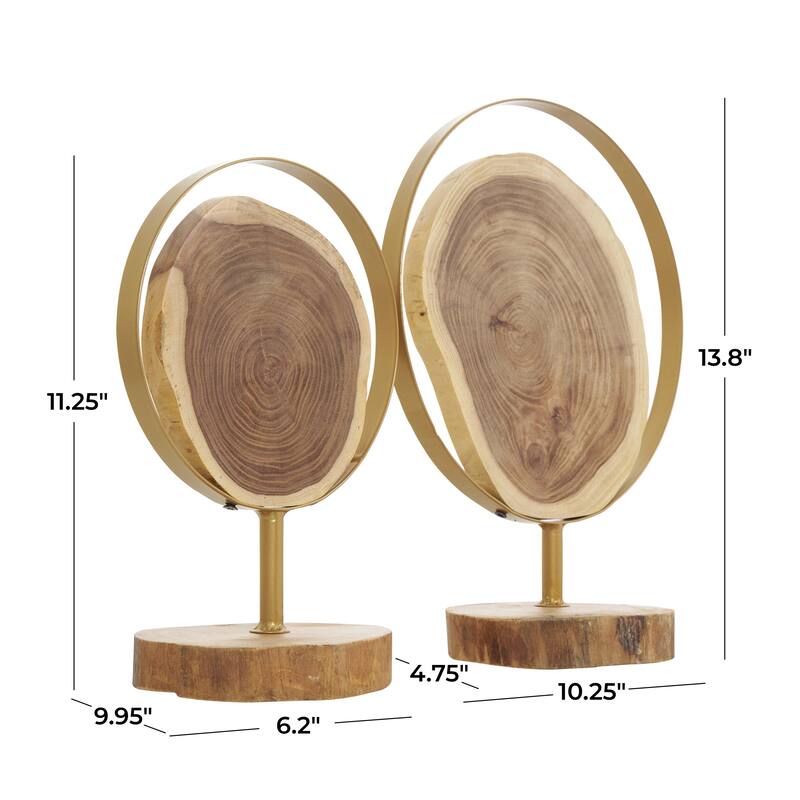 Wood Abstract Handmade Live Edge Slab Decorative Sculpture with Gold Metal Rings - Set of 2 Brown - Roche River Decor