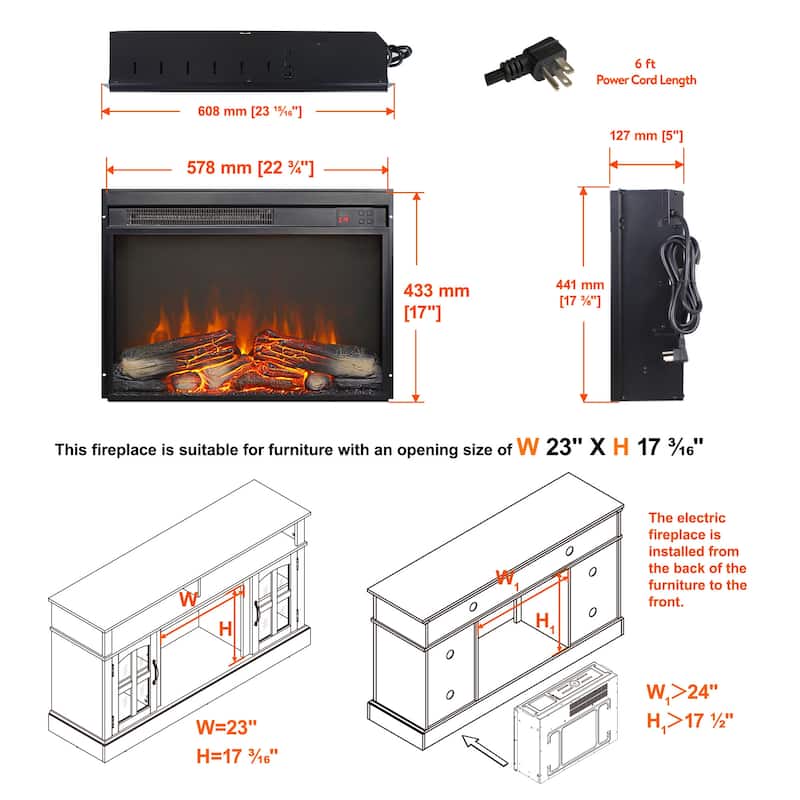 23 inch electric fireplace insert, ultra thin heater with log set & realistic flame, remote control with timer