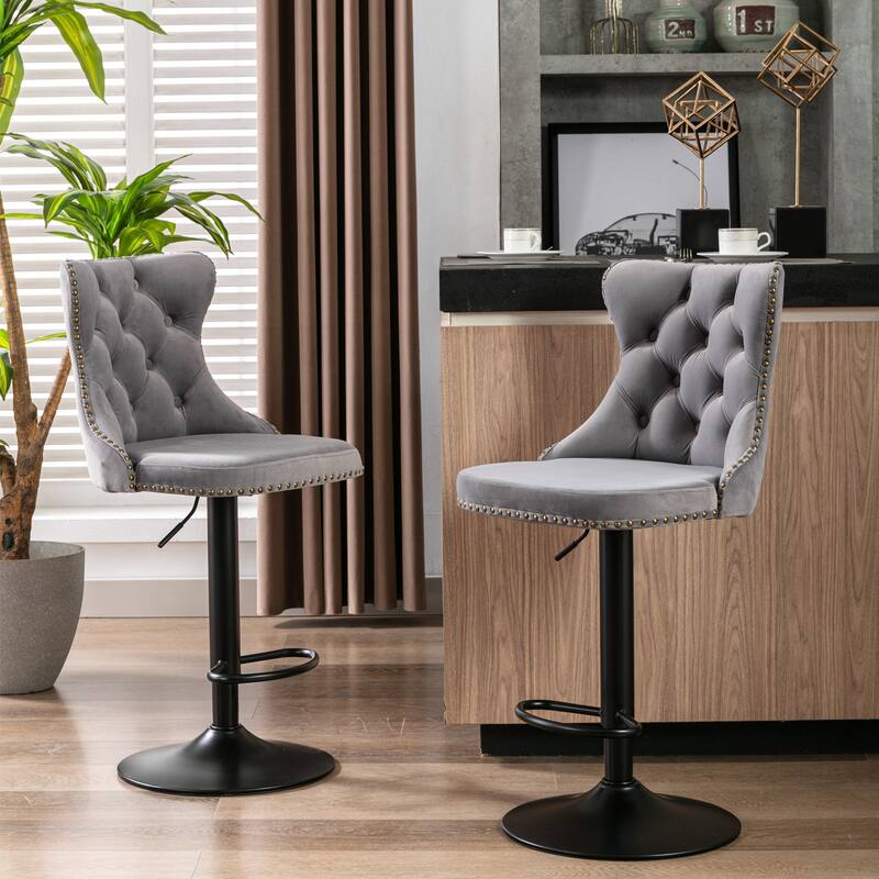 Set of 2 Swivel Velvet Bar Stools with Tufted Back, Adjustable Height 25-33" for Kitchen Island & Pub - Gray
