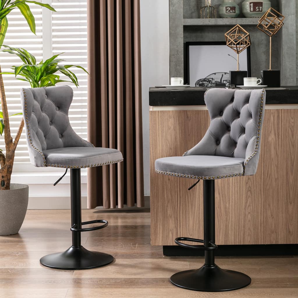 Set of 2 Swivel Velvet Bar Stools with Tufted Back, Adjustable Height 25-33" for Kitchen Island & Pub - Gray