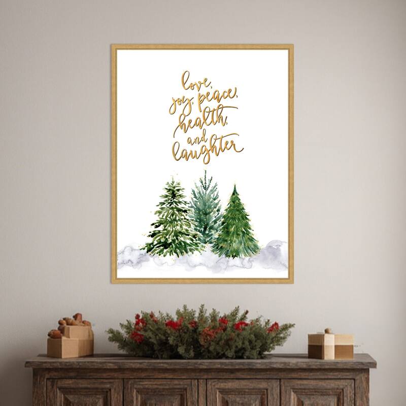 Christmas trees with holiday wishes by Rosana Laiz Blursbyai (23 x 30 in.), Framed Canvas Wall Art Print - Sylvie Bright Gold