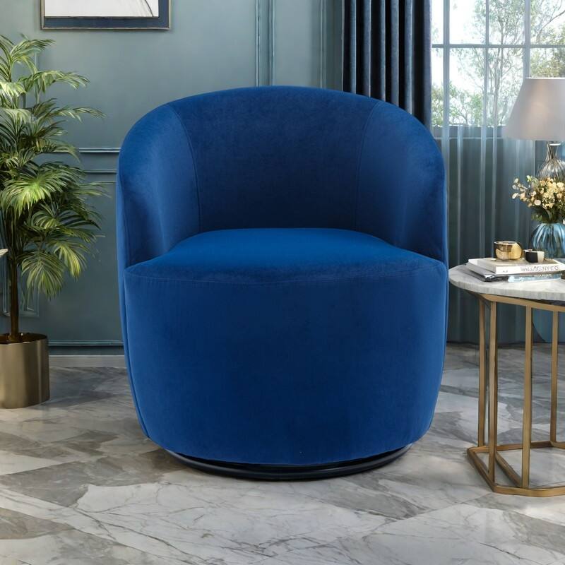 Velvet Swivel Barrel Chair 360° Rotating Accent Chair with Black Metal Base - Blue